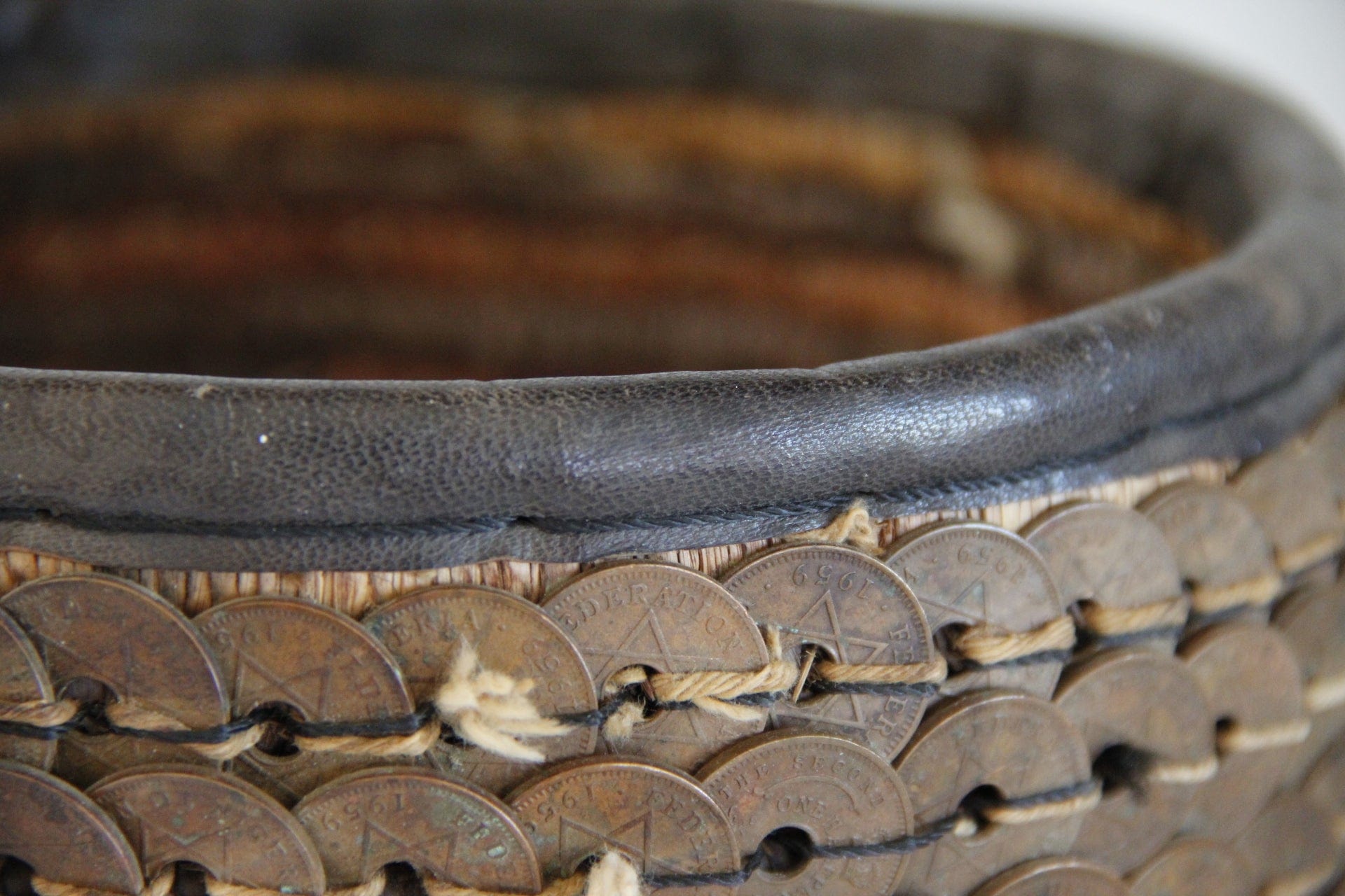 Antique African Coin & Leather Basket close | Tribal Hand Made Bowl Bowl