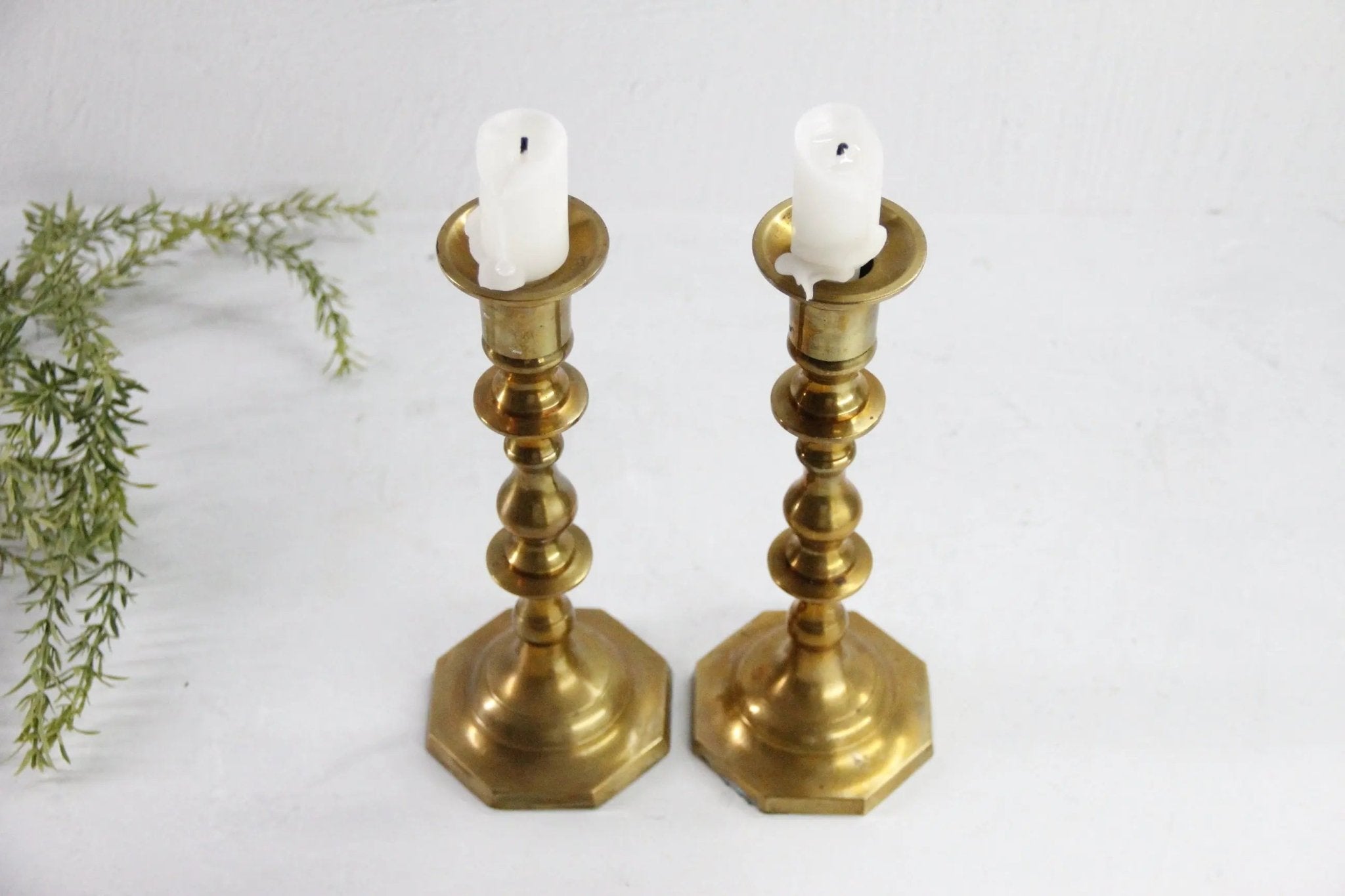 Antique Brass Candlestick Holders | 9.5" Taper Candle Pr - Debra Hall Lifestyle