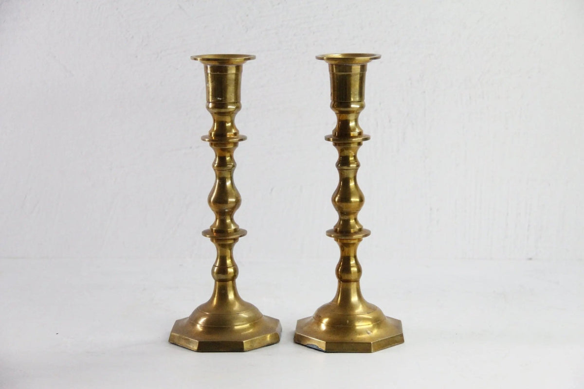Antique Brass Candlestick Holders | 9.5" Taper Candle Pr - Debra Hall Lifestyle