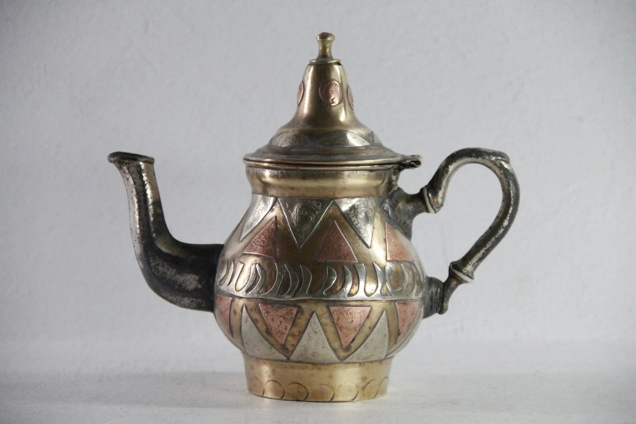 Antique Brass Teapot | Moroccan Inlaid Copper Nickel - Debra Hall Lifestyle