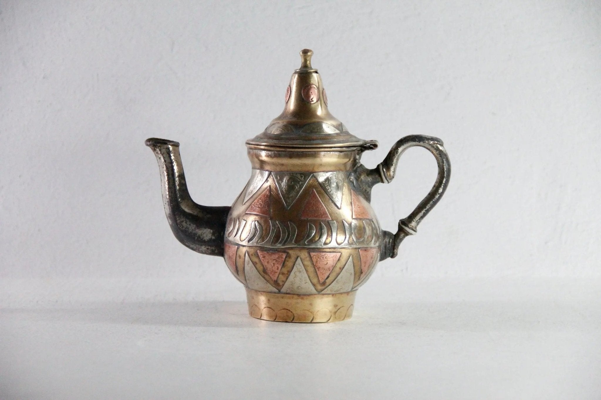 Antique Brass Teapot | Moroccan Inlaid Copper Nickel - Debra Hall Lifestyle