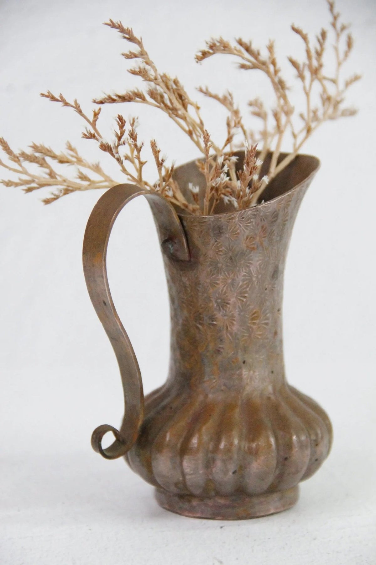 Antique Copper Pitcher | Etched Hand Hammered Heavy Copper - Debra Hall Lifestyle