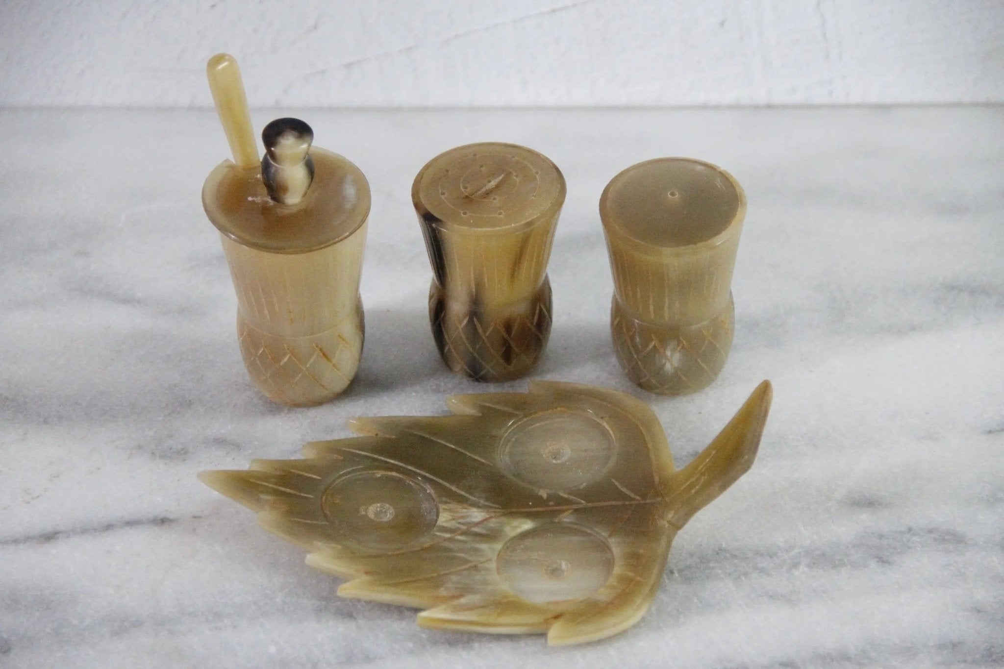 Antique Cruet Set Scottish Thistle Horn and Bone 4 Pc Set - Debra Hall Lifestyle