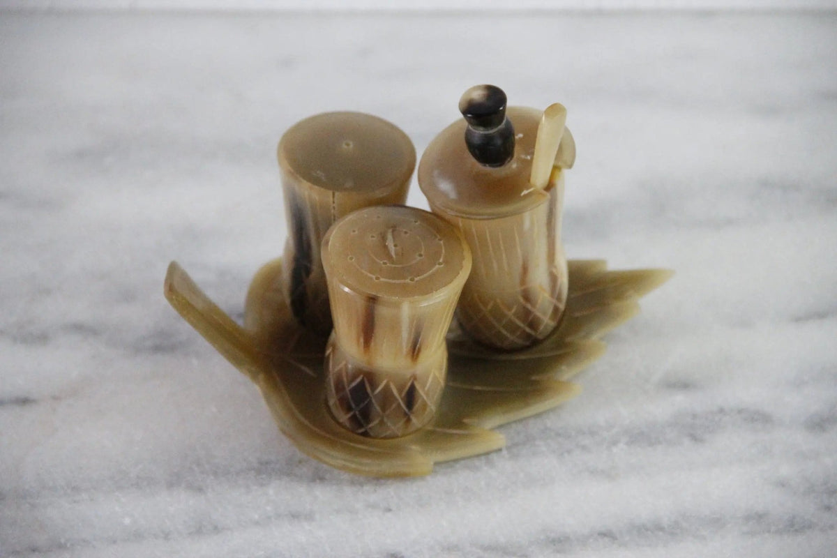 Antique Cruet Set Scottish Thistle Horn and Bone 4 Pc Set - Debra Hall Lifestyle