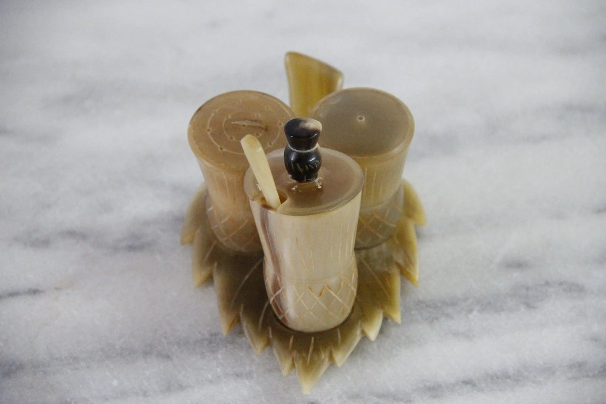 Antique Cruet Set Scottish Thistle Horn and Bone 4 Pc Set - Debra Hall Lifestyle