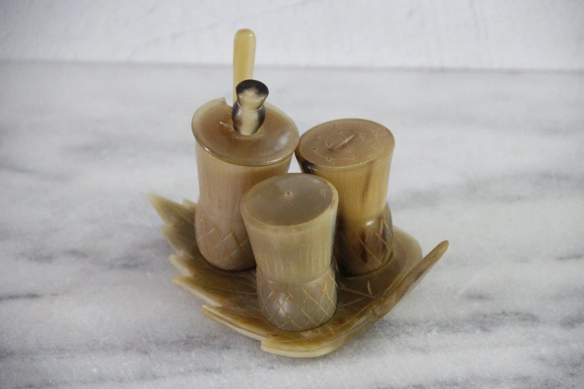 Antique Cruet Set Scottish Thistle Horn and Bone 4 Pc Set - Debra Hall Lifestyle