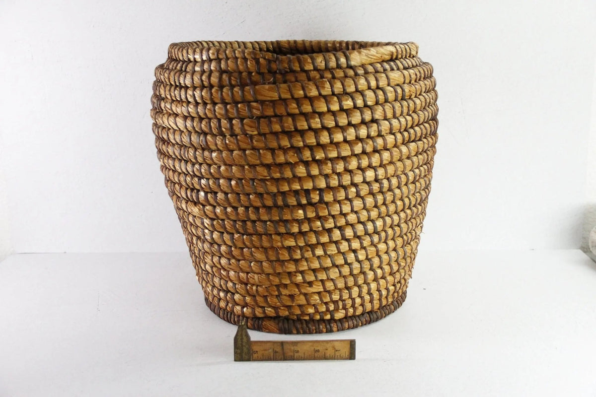 Antique French Basket | Tall Hand Coiled Rye Grain Basket - Debra Hall Lifestyle