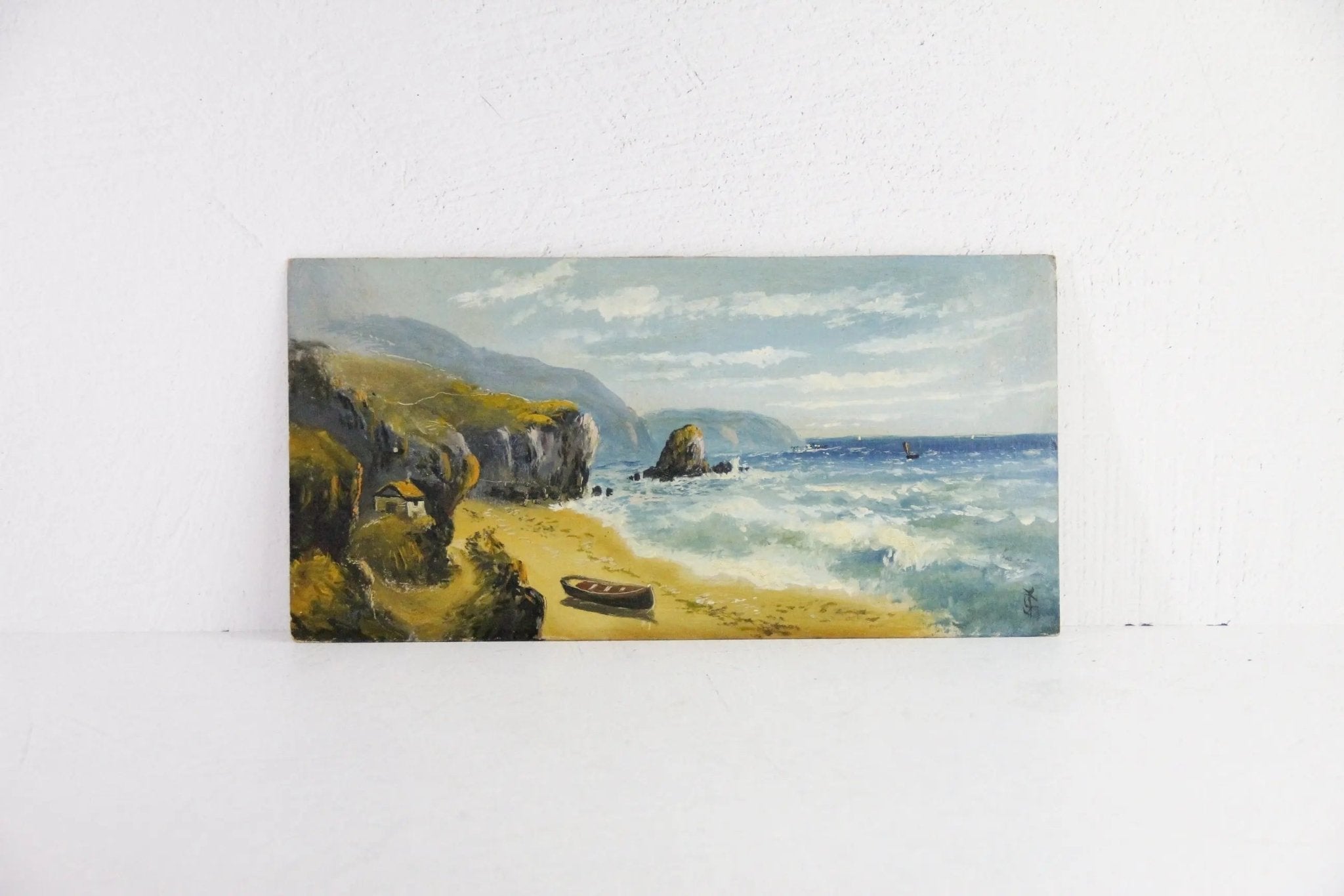Antique French Oil Painting on Panel | Seascape with Cliffs - Debra Hall Lifestyle