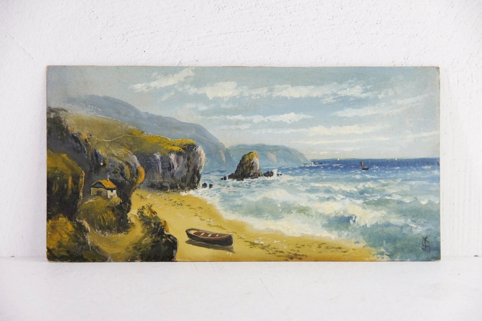 Antique French Oil Painting on Panel | Seascape with Cliffs - Debra Hall Lifestyle