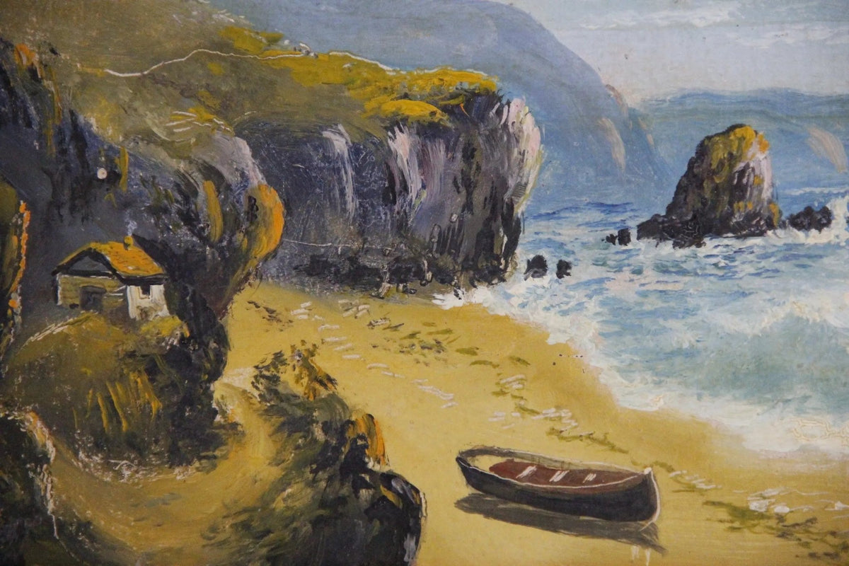 Antique French Oil Painting on Panel | Seascape with Cliffs - Debra Hall Lifestyle