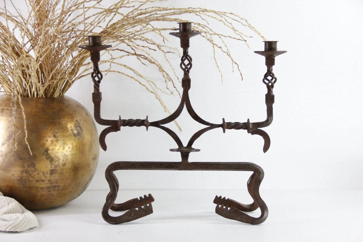 Antique Iron Candelabra | Large Rustic Three Arm - Debra Hall Lifestyle