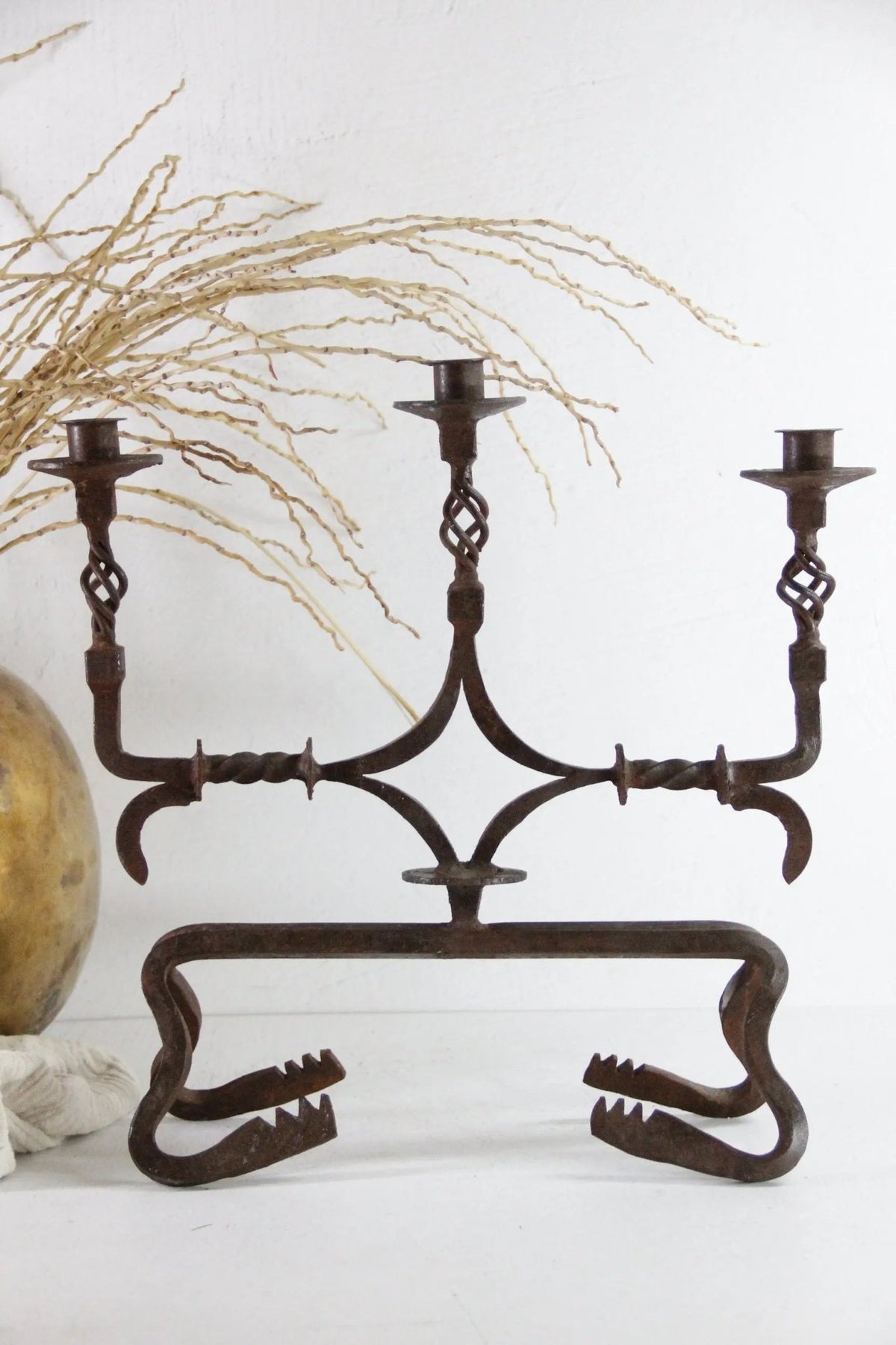 Antique Iron Candelabra | Large Rustic Three Arm - Debra Hall Lifestyle