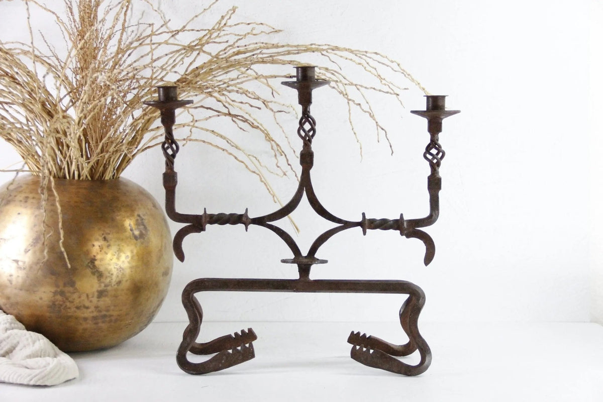 Antique Iron Candelabra | Large Rustic Three Arm - Debra Hall Lifestyle
