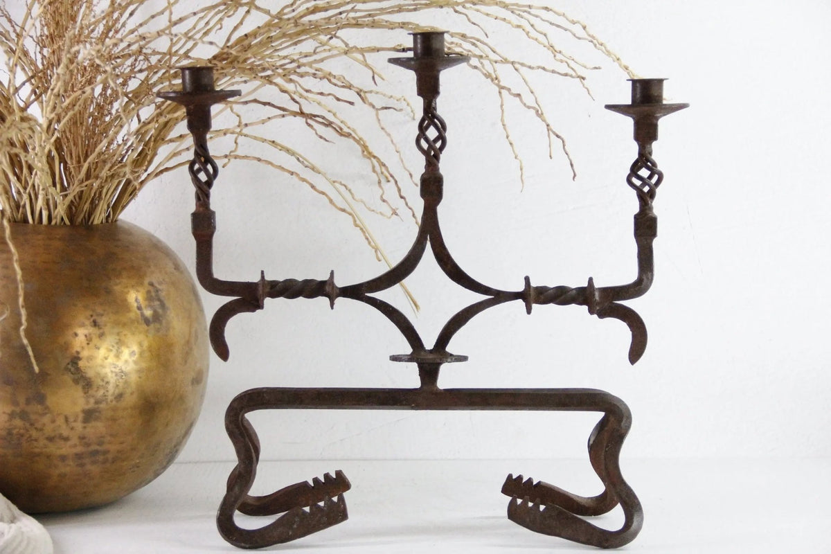 Antique Iron Candelabra | Large Rustic Three Arm - Debra Hall Lifestyle