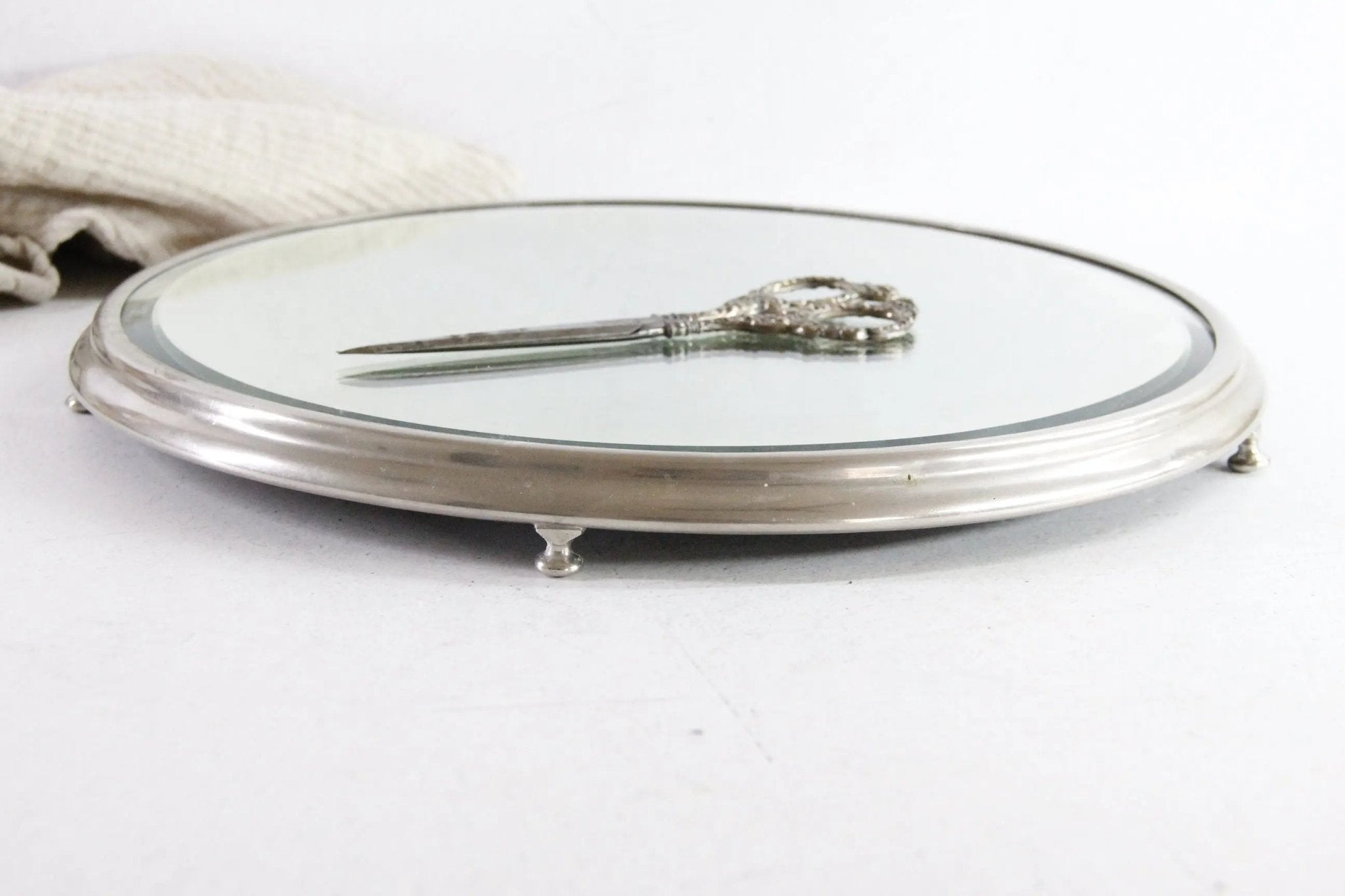 Antique Mirror Plateau | Art Deco Footed Nickel Tray - Debra Hall Lifestyle