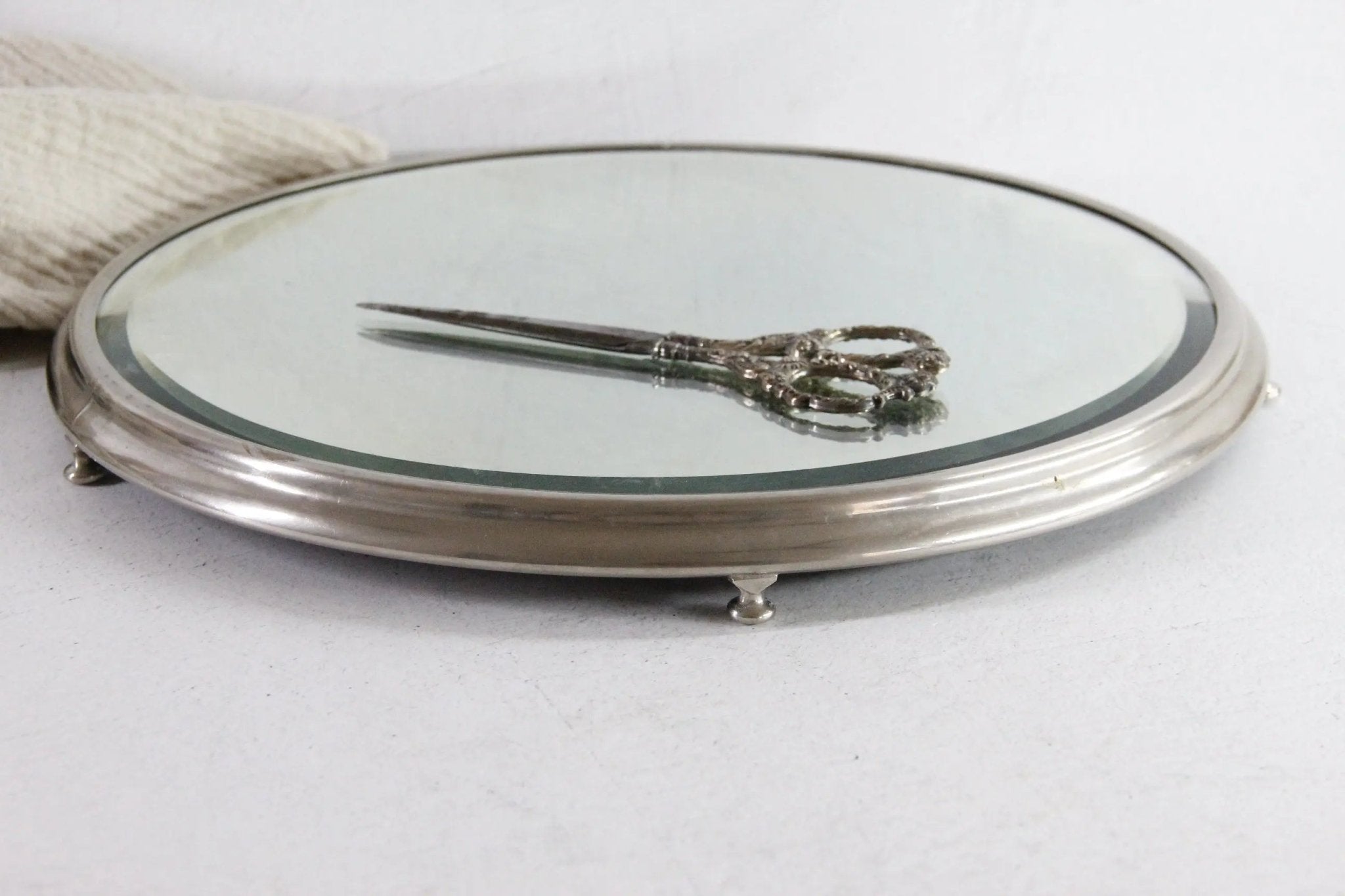 Antique Mirror Plateau | Art Deco Footed Nickel Tray - Debra Hall Lifestyle