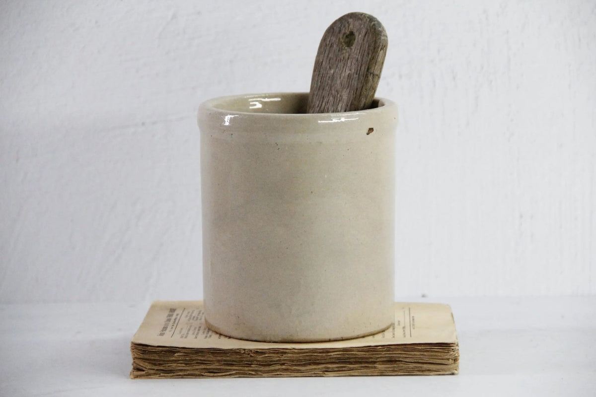Antique Salt Glazed Crock | Small Stoneware Utensil Jar - Debra Hall Lifestyle