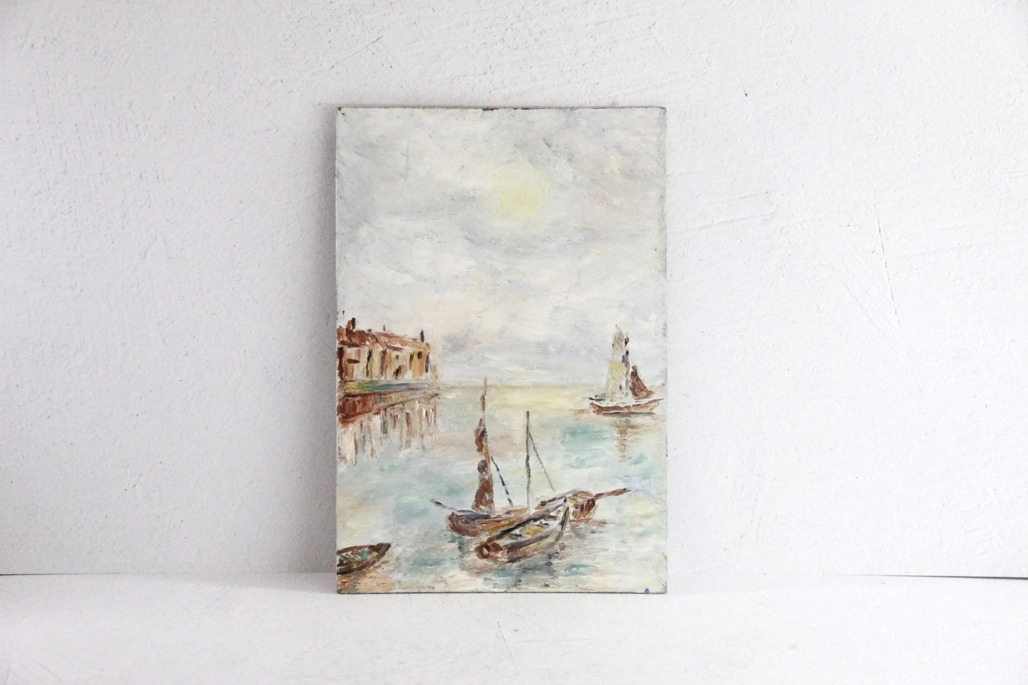 Antique Seascape Oil Painting | English Boats in the Harbor Unsigned - Debra Hall Lifestyle