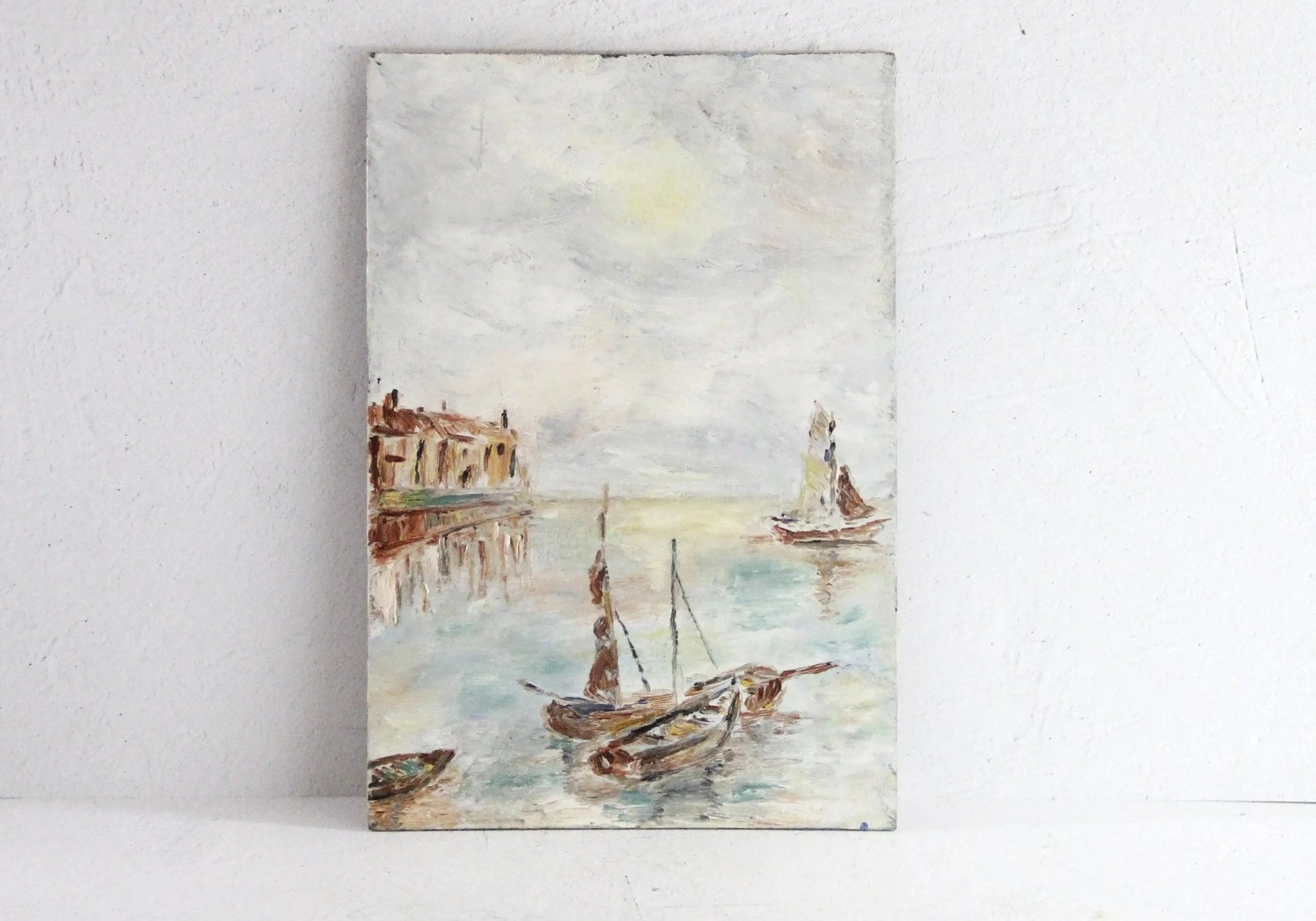 Antique Seascape Oil Painting | English Boats in the Harbor Unsigned - Debra Hall Lifestyle
