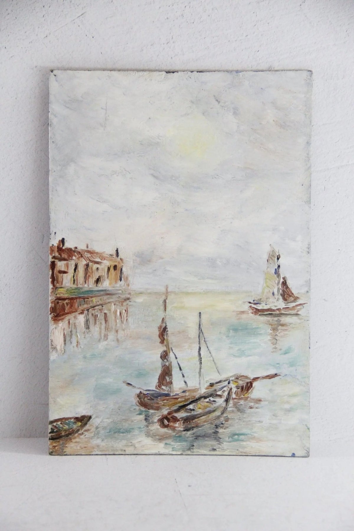 Antique Seascape Oil Painting | English Boats in the Harbor Unsigned - Debra Hall Lifestyle