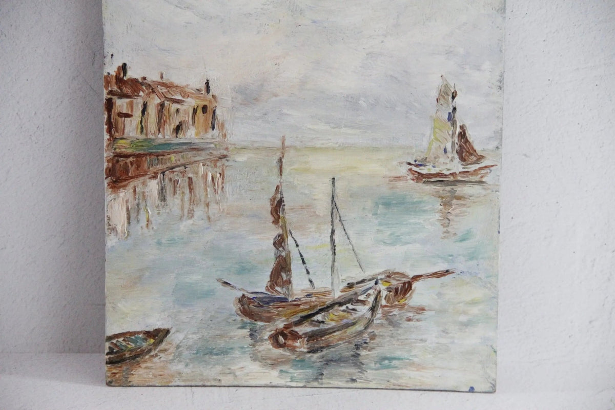 Antique Seascape Oil Painting | English Boats in the Harbor Unsigned - Debra Hall Lifestyle