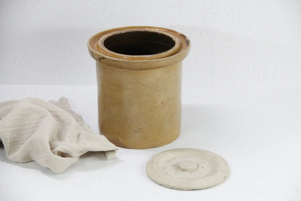 Antique Stoneware Crock With Lid | Rustic Wabi-Sabi Pottery - Debra Hall Lifestyle