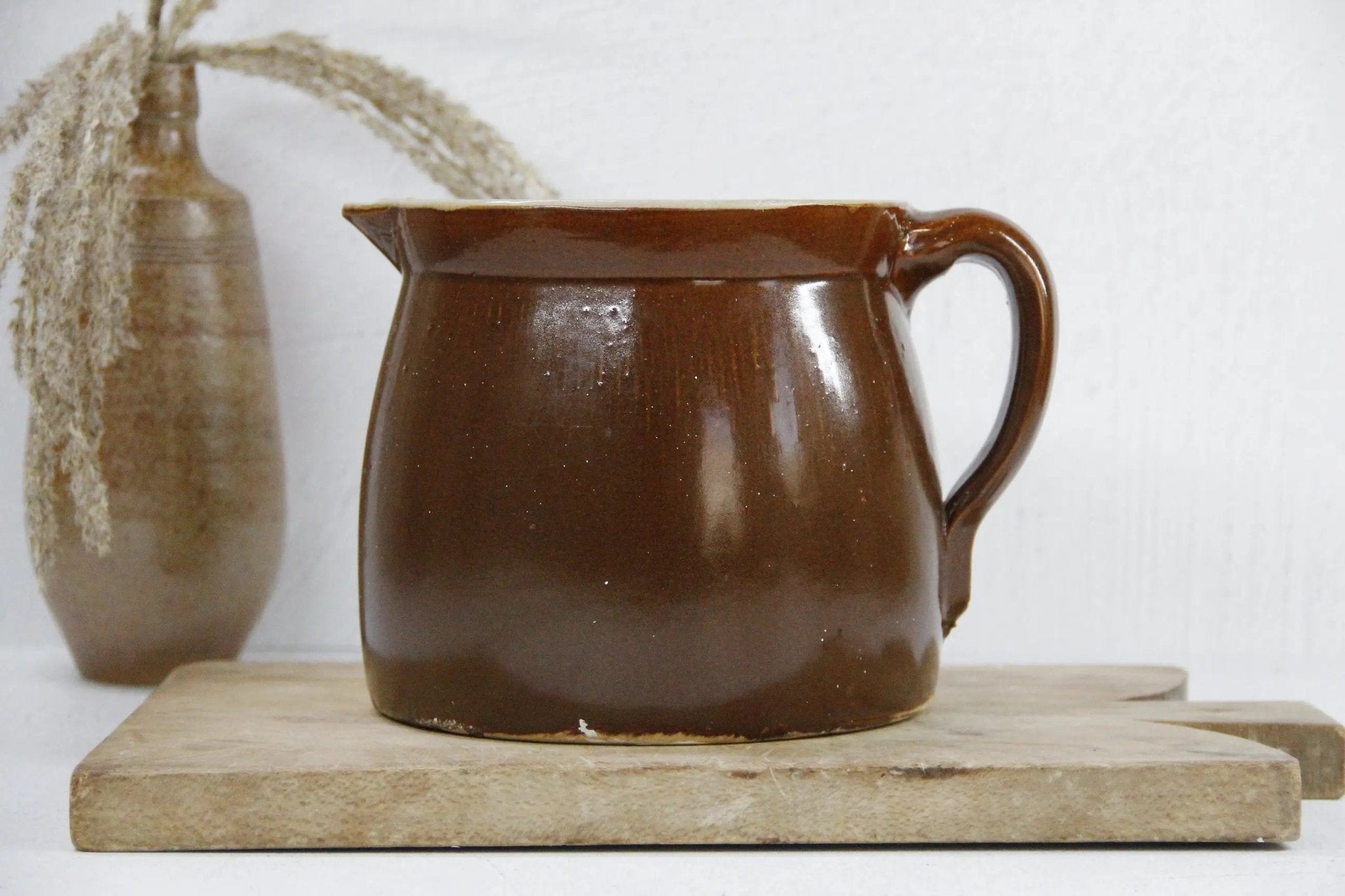 Antique Stoneware Pitcher | Warm Brown Glazed 1 Gallon - Debra Hall Lifestyle