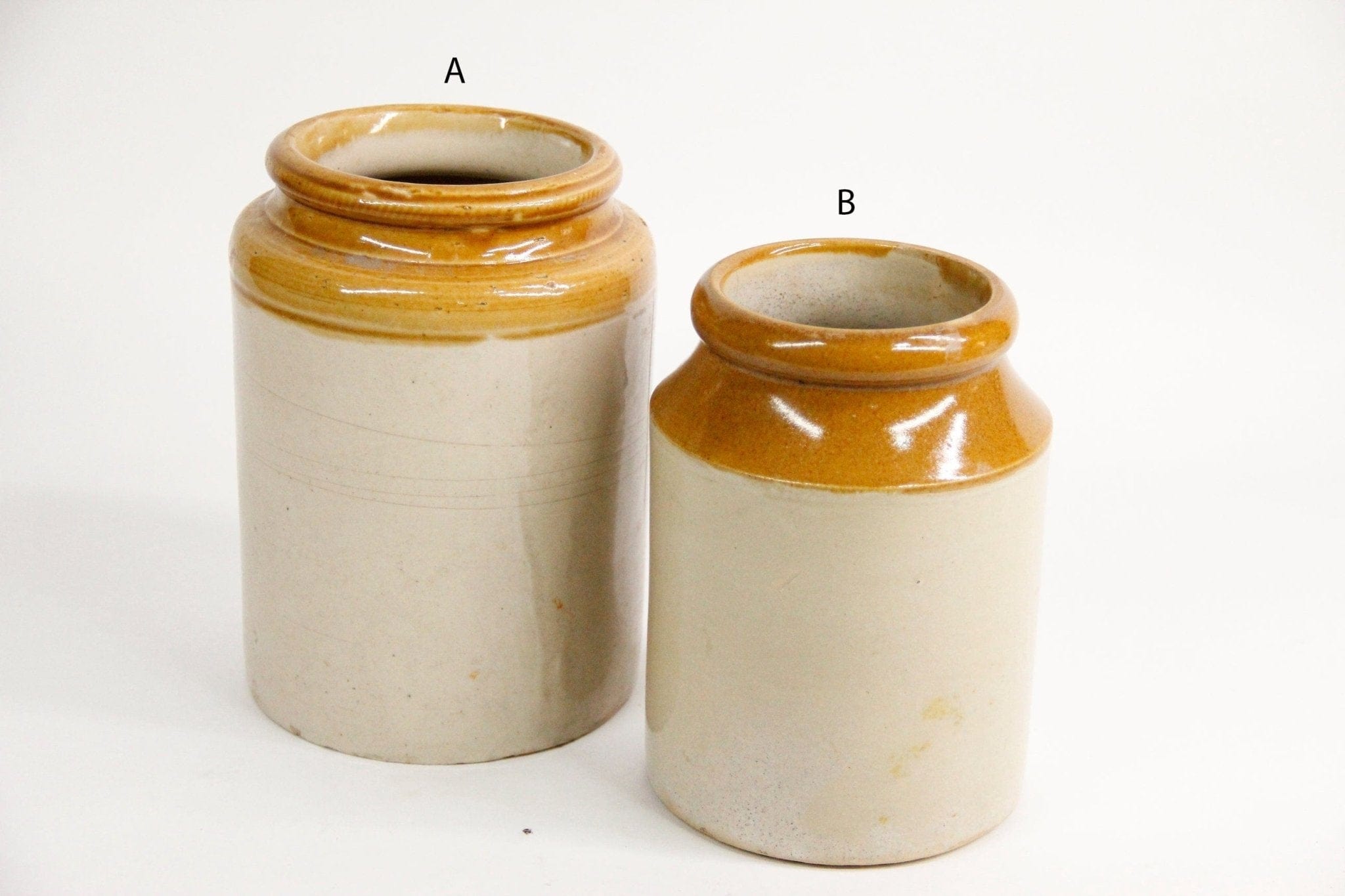 Antique Stoneware Canning Jars in Two Tone details