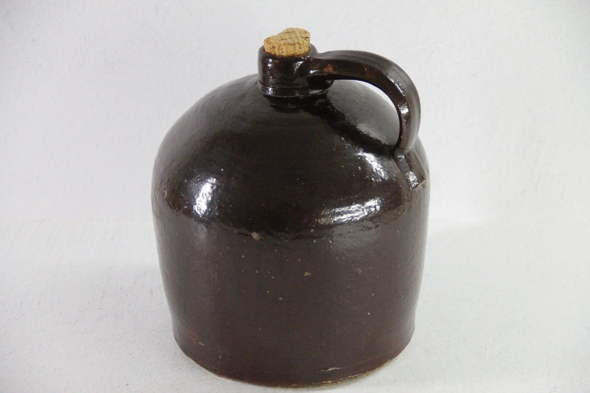 Antique Stoneware Whiskey Jug | Farmhouse Rich Dark Brown Pottery - Debra Hall Lifestyle