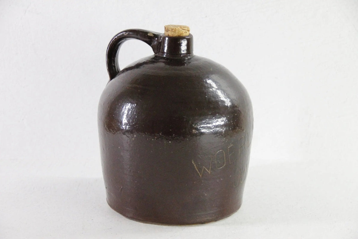 Antique Stoneware Whiskey Jug | Farmhouse Rich Dark Brown Pottery - Debra Hall Lifestyle