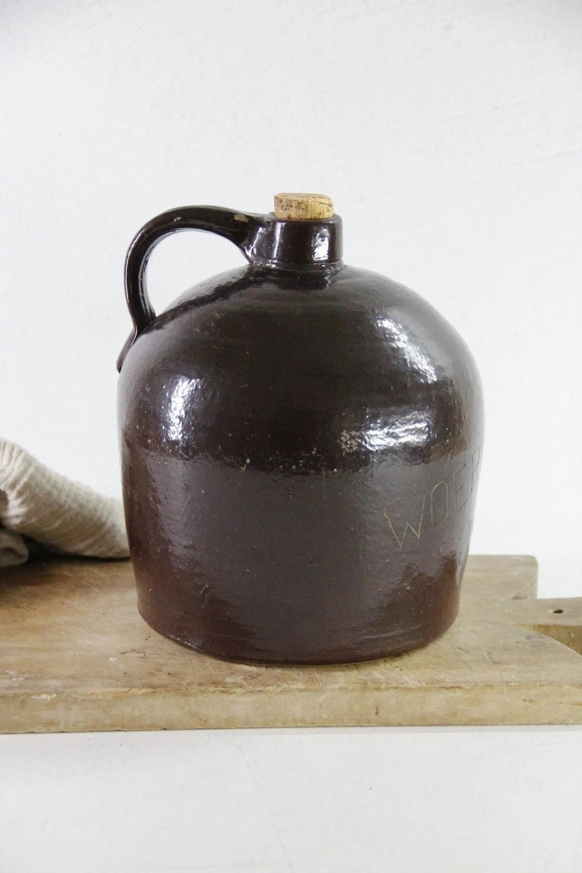 Antique Stoneware Whiskey Jug | Farmhouse Rich Dark Brown Pottery - Debra Hall Lifestyle