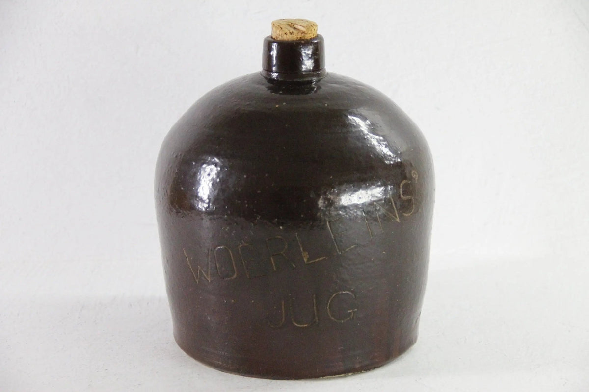 Antique Stoneware Whiskey Jug | Farmhouse Rich Dark Brown Pottery - Debra Hall Lifestyle