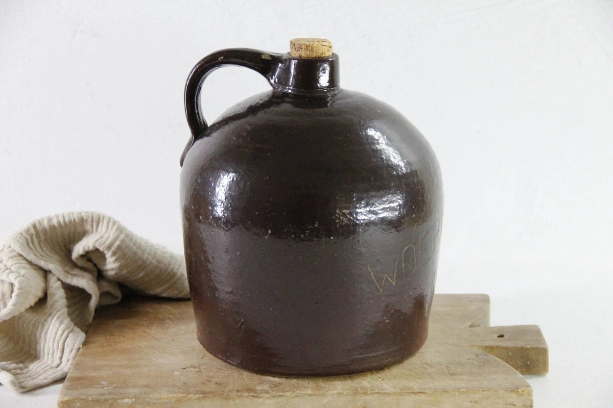 Antique Stoneware Whiskey Jug | Farmhouse Rich Dark Brown Pottery - Debra Hall Lifestyle