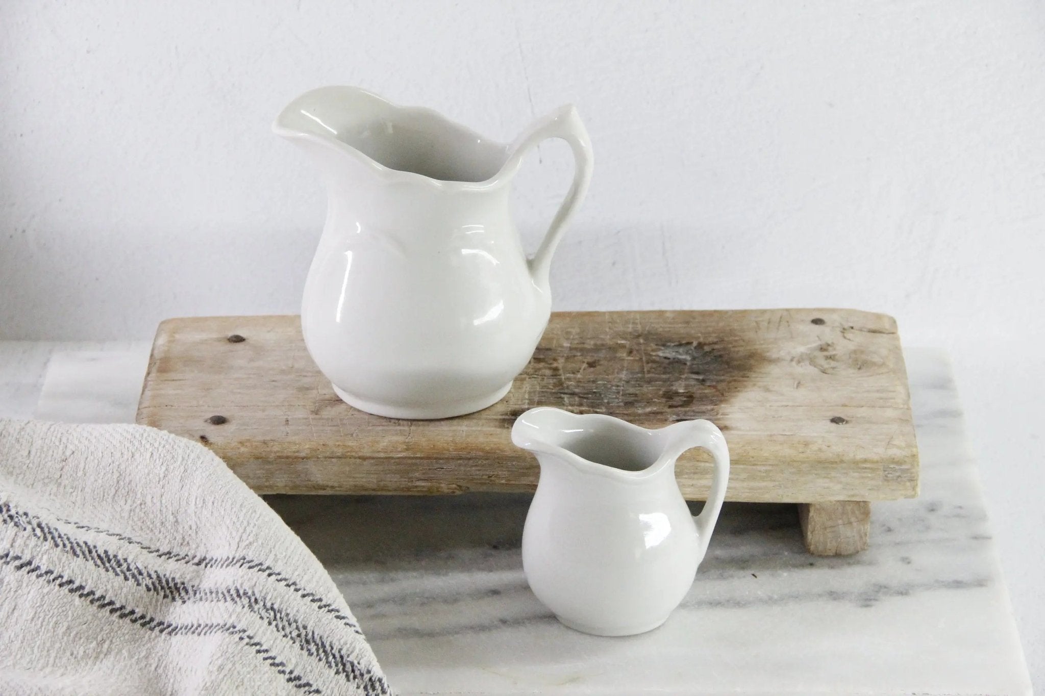 Antique White Ironstone Pitcher | Assorted Heavy Milk Jug - Debra Hall Lifestyle