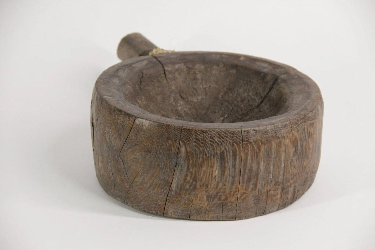 Antique Wood Mortar | Hand Carved Grinding Bowl With Handle-India - Debra Hall Lifestyle