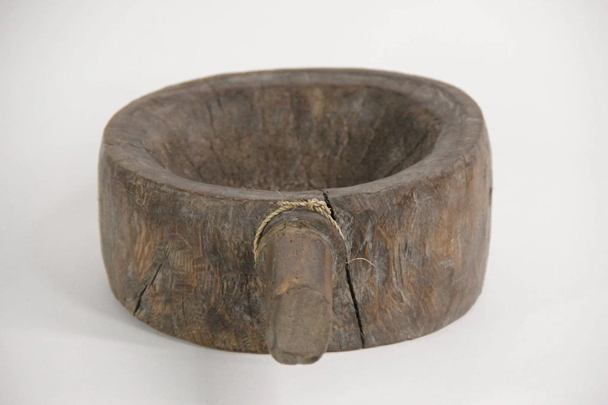 Antique Wood Mortar | Hand Carved Grinding Bowl With Handle-India - Debra Hall Lifestyle