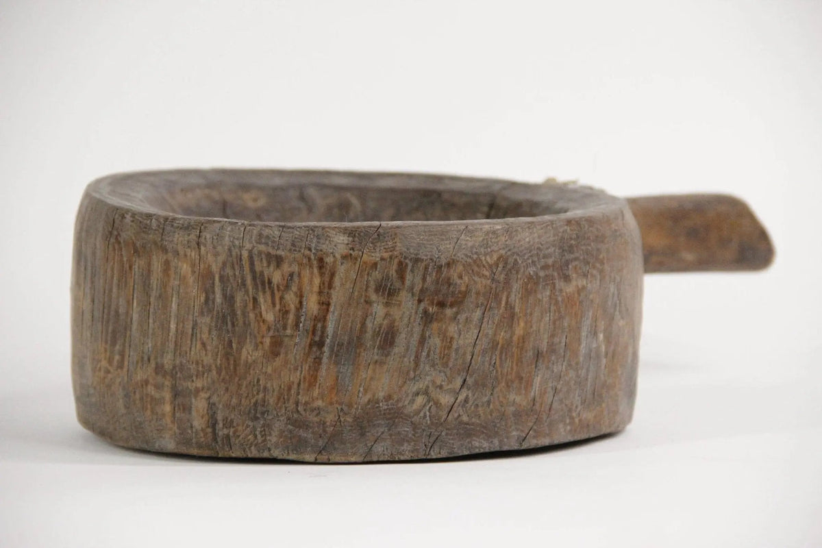 Antique Wood Mortar | Hand Carved Grinding Bowl With Handle-India - Debra Hall Lifestyle