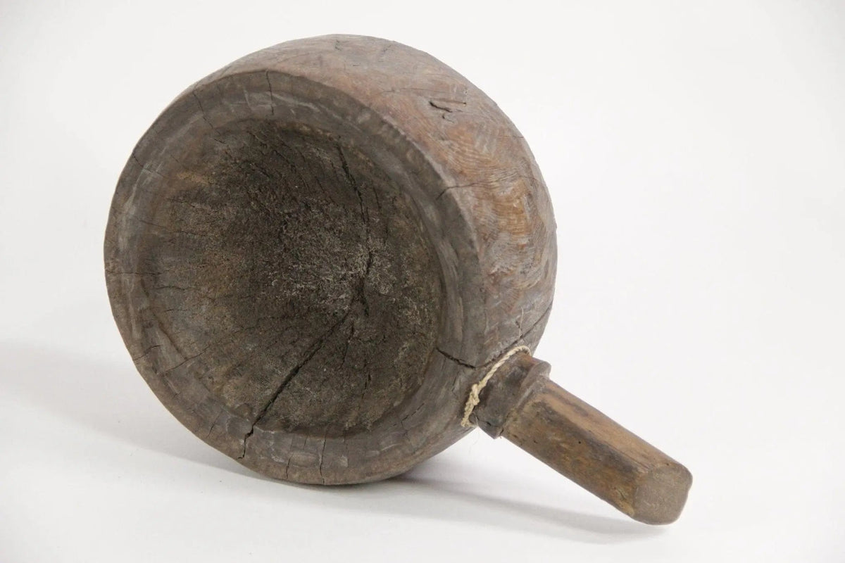 Antique Wood Mortar | Hand Carved Grinding Bowl With Handle-India - Debra Hall Lifestyle
