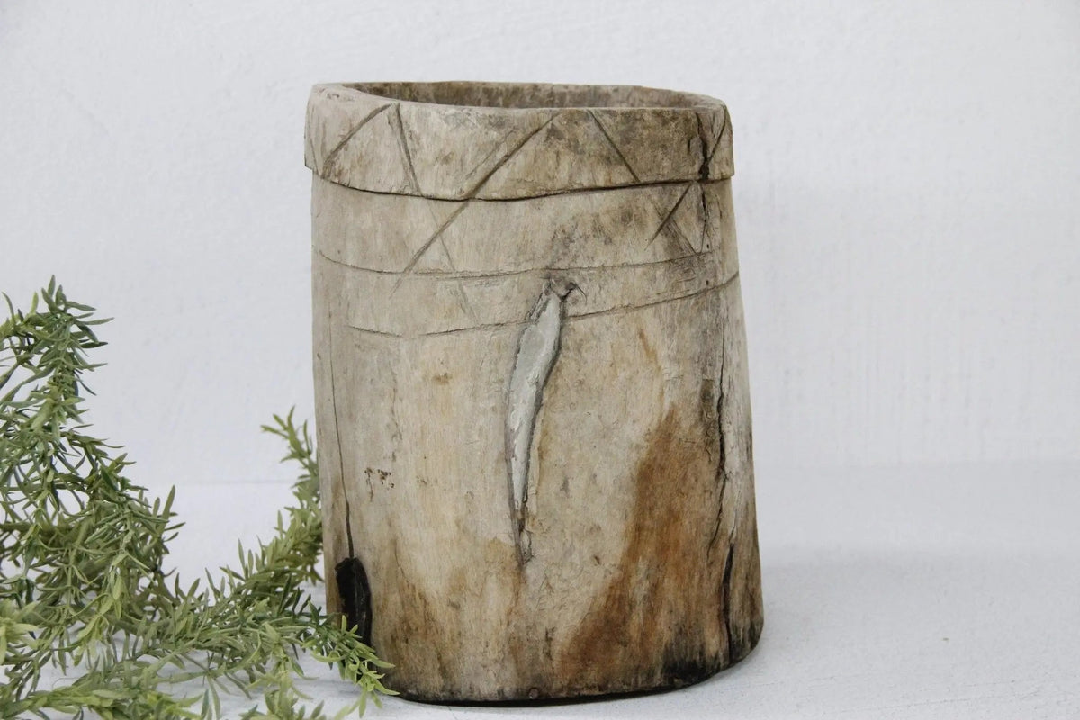 Antique Wooden Pot | Hand Carved Grain Storage Vessel - Debra Hall Lifestyle