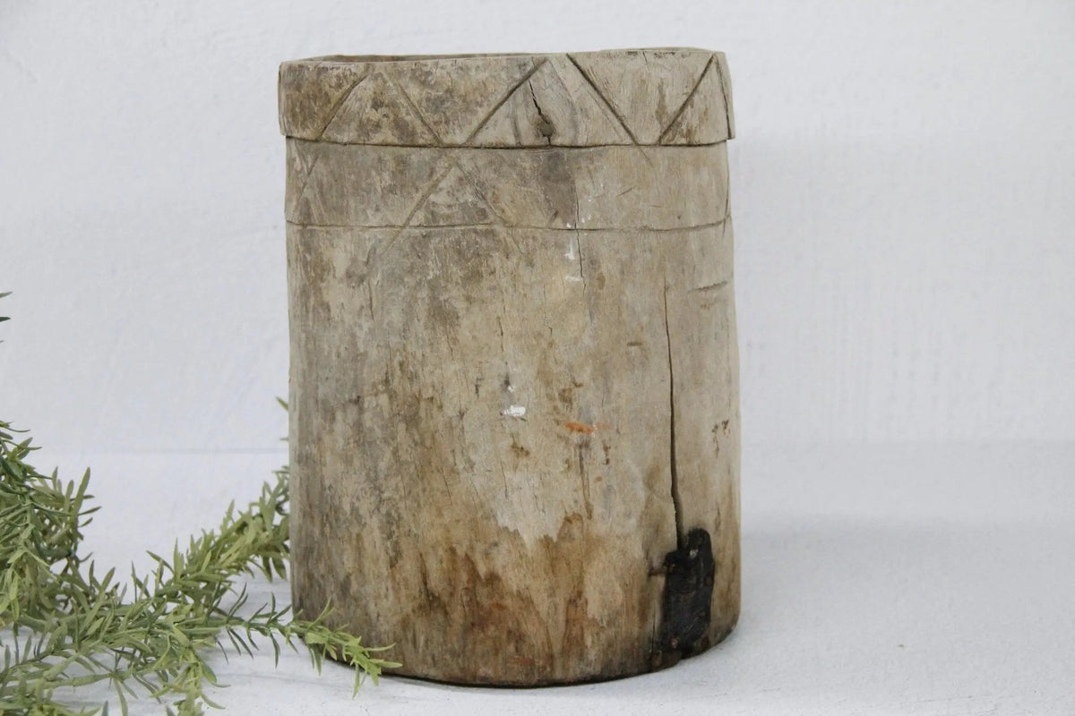 Antique Wooden Pot | Hand Carved Grain Storage Vessel - Debra Hall Lifestyle