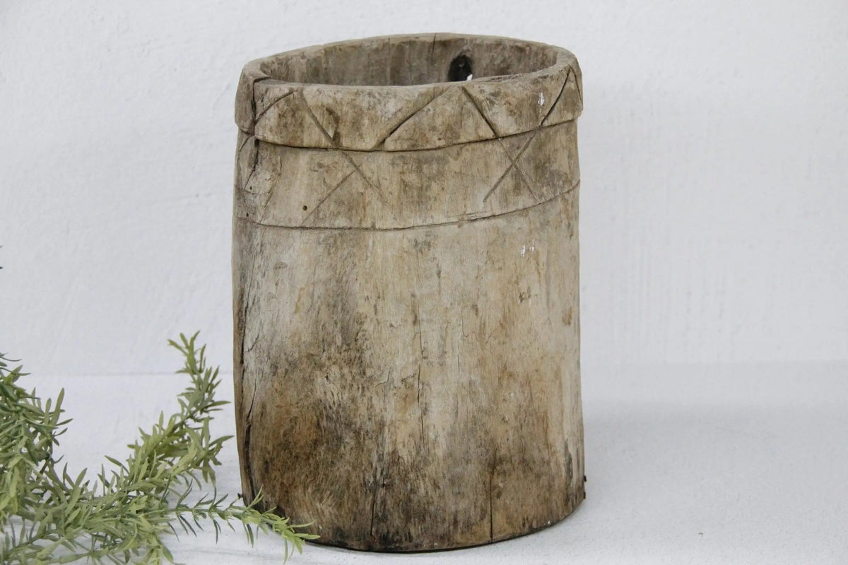Antique Wooden Pot | Hand Carved Grain Storage Vessel - Debra Hall Lifestyle