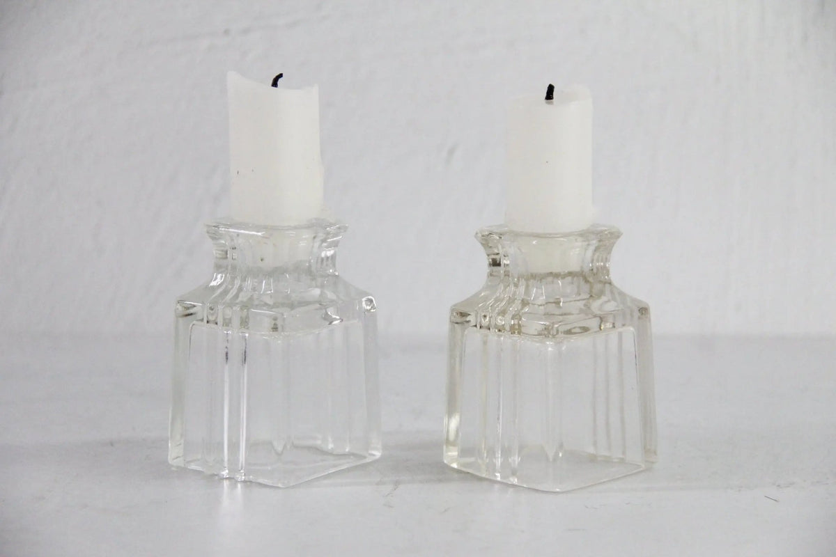 Art Deco Candle Holders | Clear Glass Petite Candlesticks, Pair - Debra Hall Lifestyle