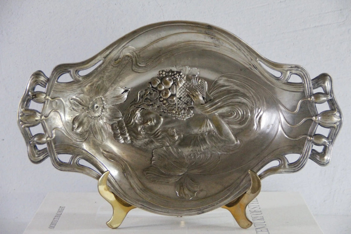 Art Nouveau Silver Fruit Bowl | Plated Figural Tray - Debra Hall Lifestyle