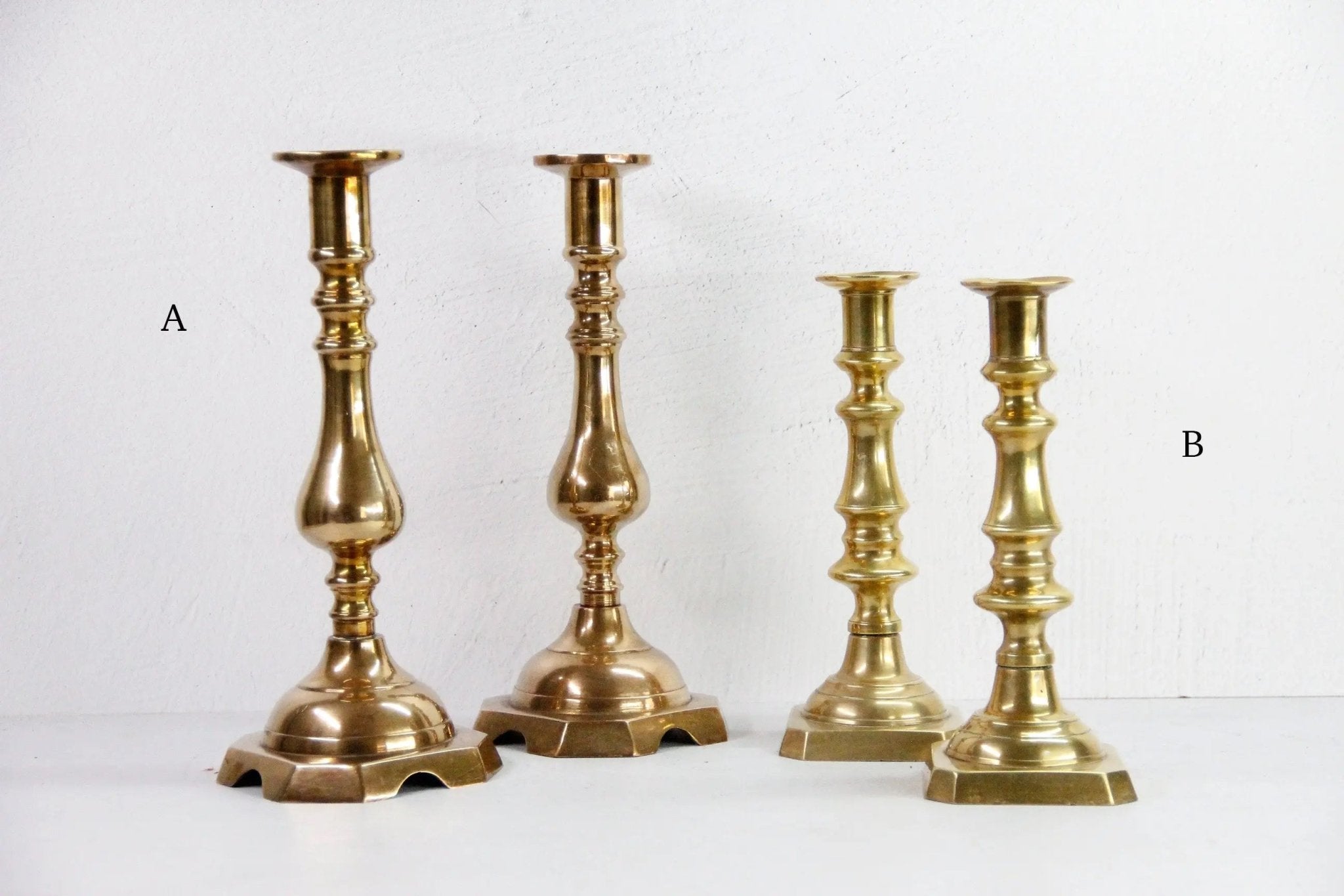 Assorted Antique Brass Candlesticks | Large Candle Holder Pair - Debra Hall Lifestyle