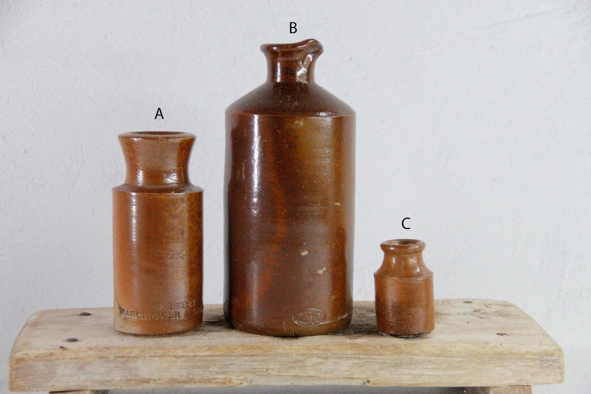 Assorted Antique Stoneware Ink Bottle | Brown Mini Crock - Debra Hall Lifestyle