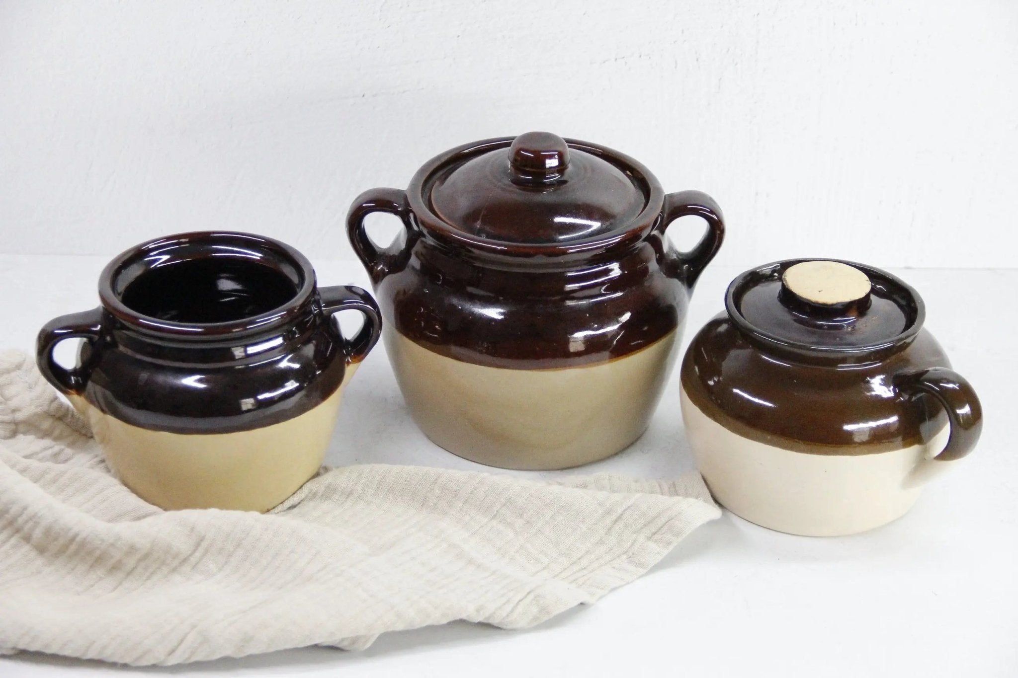 Assorted Vintage Brown Dipped Bean Pots | USA Stoneware Crocks - Debra Hall Lifestyle