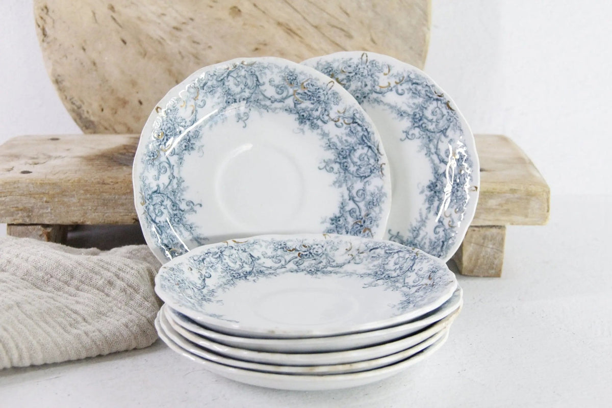 Blue Transferware Plate | 7 Antique Pale Rochester Saucers - Debra Hall Lifestyle