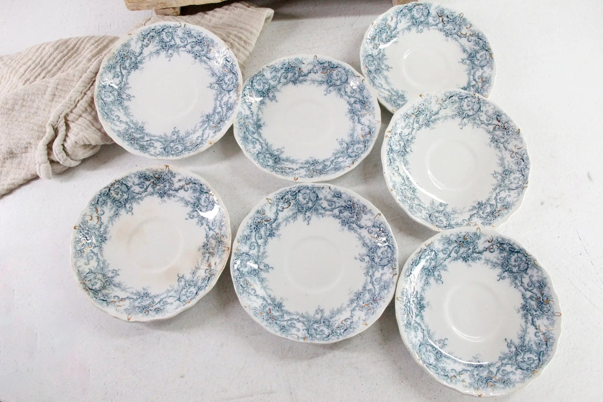 Blue Transferware Plate | 7 Antique Pale Rochester Saucers - Debra Hall Lifestyle
