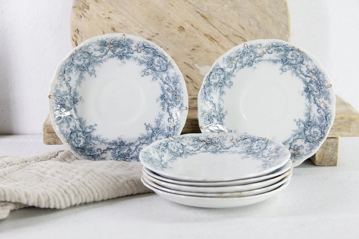 Blue Transferware Plate | 7 Antique Pale Rochester Saucers - Debra Hall Lifestyle