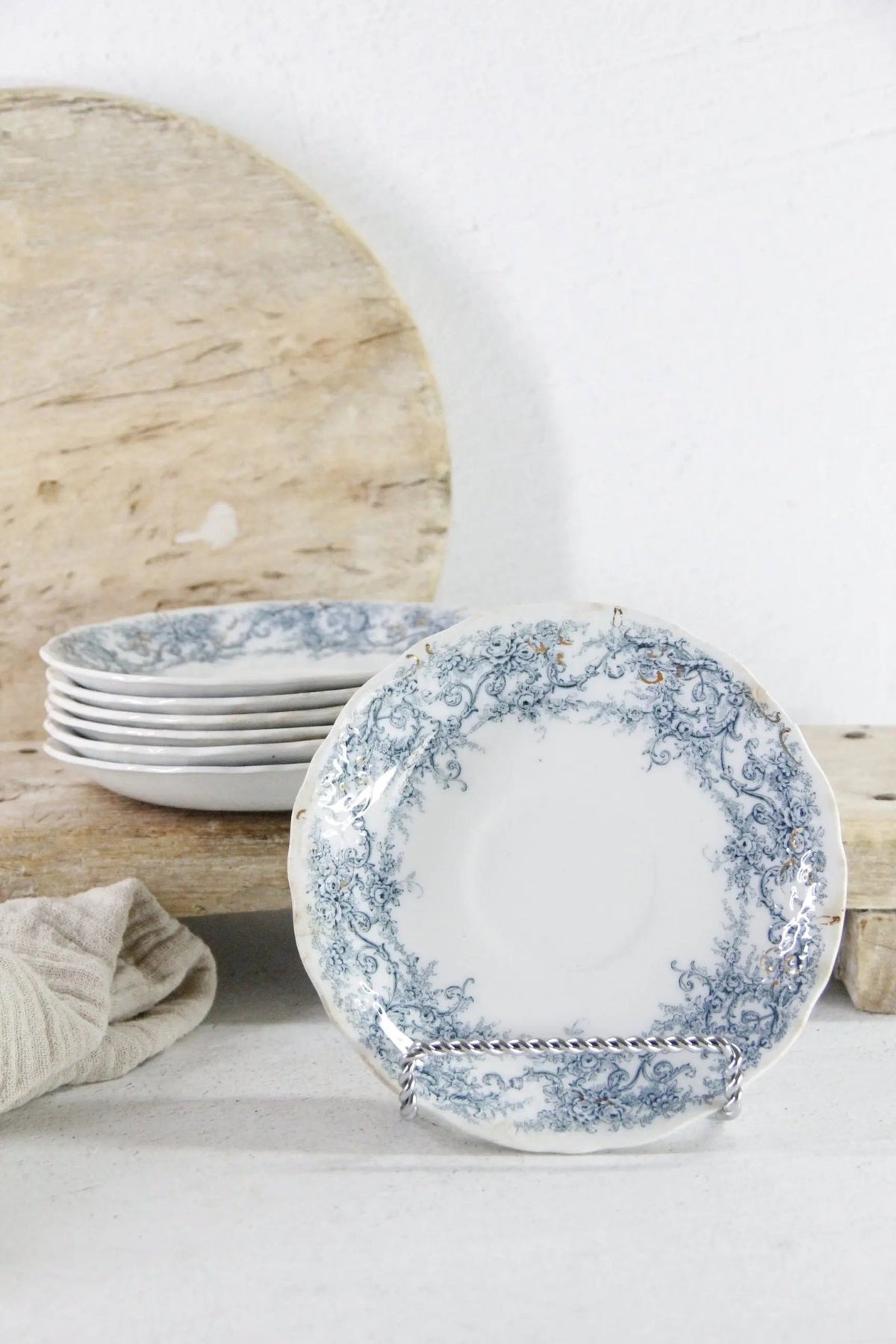 Blue Transferware Plate | 7 Antique Pale Rochester Saucers - Debra Hall Lifestyle